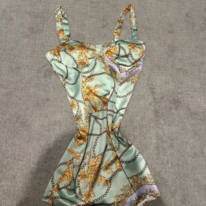 & Other Stories Green and Gold Babydoll Mini Dress